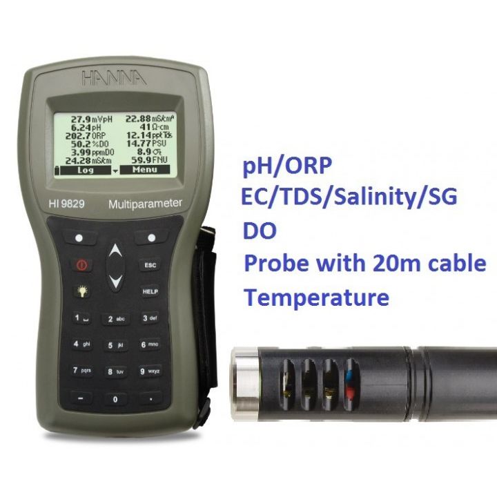HI9829-00202 Multiparameter - pH / ORP / EC / TDS / Salinity / DO / Temp - 20m Cable Complete Set